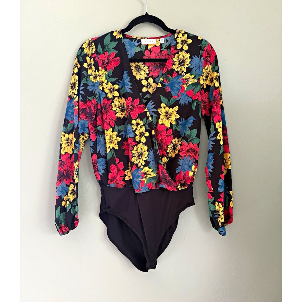 k/lab Women's XS Floral Long Sleeve Bodysuit Stretch Black Multi